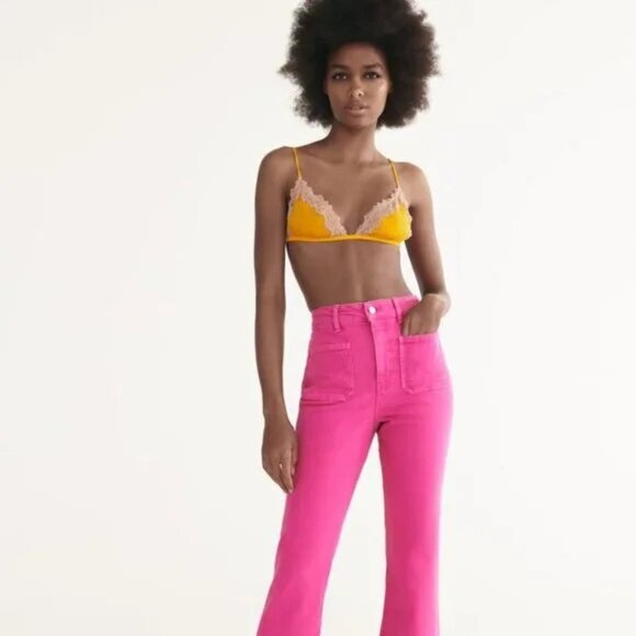 ❤️ ZARA HIGH RISE HOT PINK SAILOR FLARE JEANS IN FUSCHIA, SIZE 6 - Picture 2 of 6